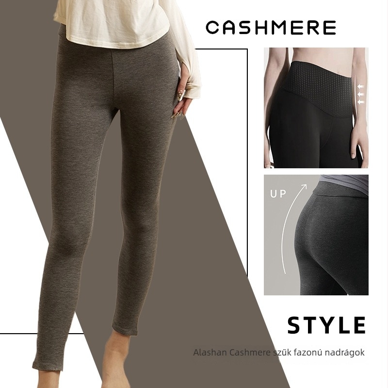 Kasmír és akril 30–50% keverékű nadrág, rövid hossz, magas derekú, egyenes szabású, vastag és meleg