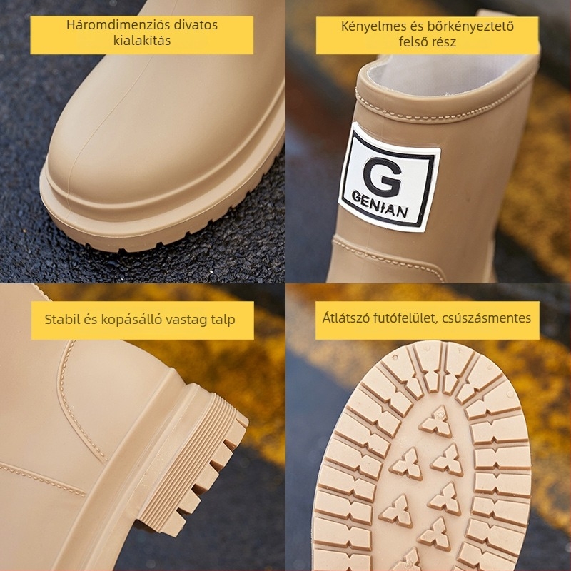 Női esőcsizma PVC felső résszel, alacsony cső, közepes vastagságú talp, alacsony sarok 1–3 cm