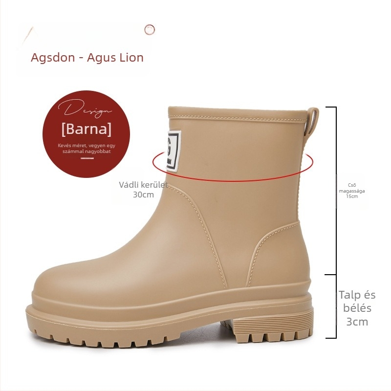 Női esőcsizma PVC felső résszel, alacsony cső, közepes vastagságú talp, alacsony sarok 1–3 cm