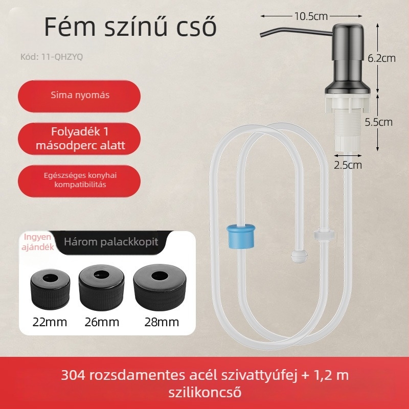 Rozsdamentes acél konyhai mosogatószer-adagoló hosszabbítócsővel, modell TS-SD007-1G, 0.4 kg