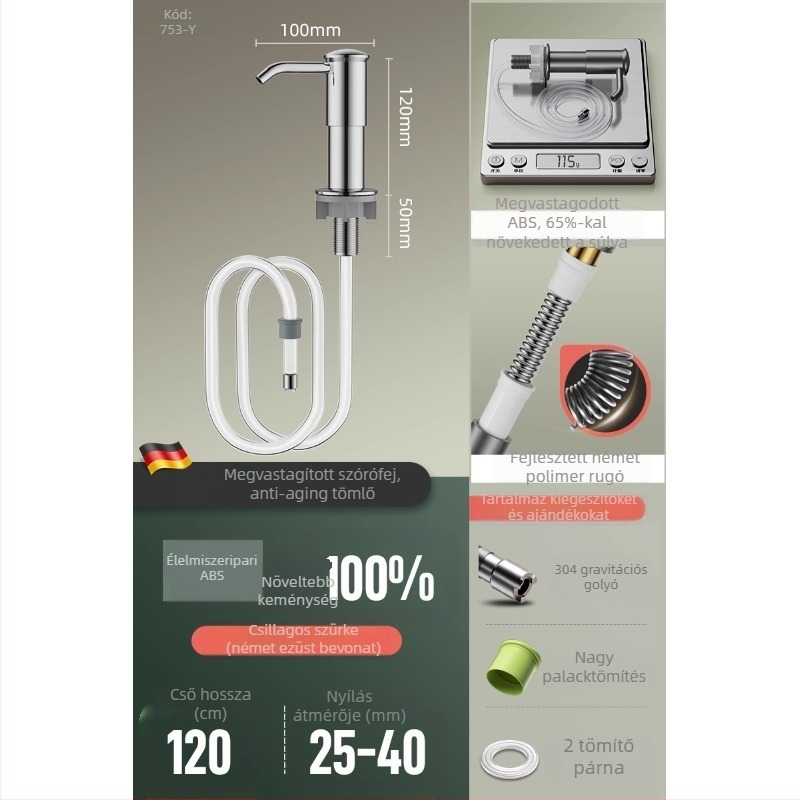 Rozsdamentes acél konyhai mosogatószer-adagoló hosszabbítócsővel, modell TS-SD007-1G, 0.4 kg