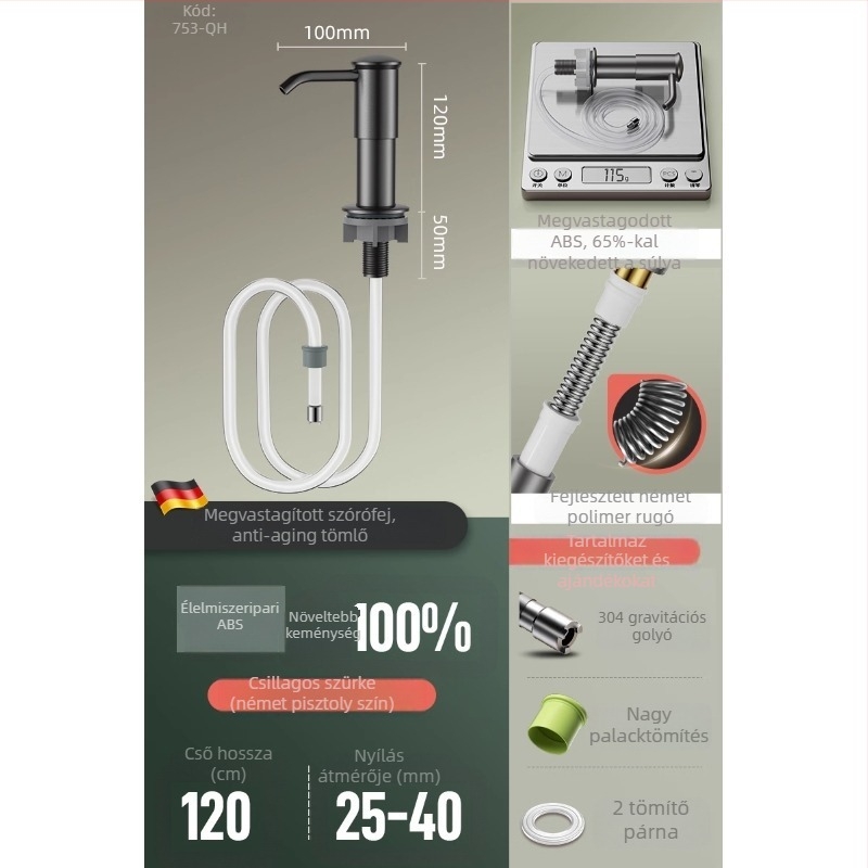 Rozsdamentes acél konyhai mosogatószer-adagoló hosszabbítócsővel, modell TS-SD007-1G, 0.4 kg