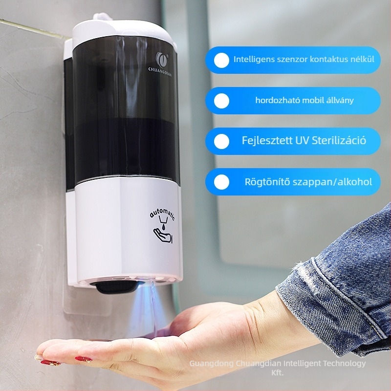 Automata szenzoros kézfertőtlenítő adagoló, falra szerelhető, ABS anyag, CE tanúsítvány, tömeg 420 g