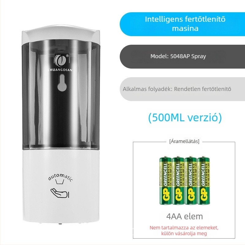 Automata szenzoros kézfertőtlenítő adagoló, falra szerelhető, ABS anyag, CE tanúsítvány, tömeg 420 g