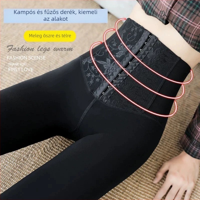 Téli vastag, magas derekú haskontrollos leggings, popsiformáló hatással, karcsúsított fazon, derékon gombos zárás