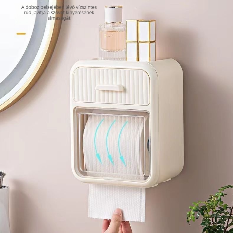 Fali vécépapír tartó doboz, műanyagból, vízálló, többfunkciós, kompatibilis a levehető papírtörlővel, modern minimál design