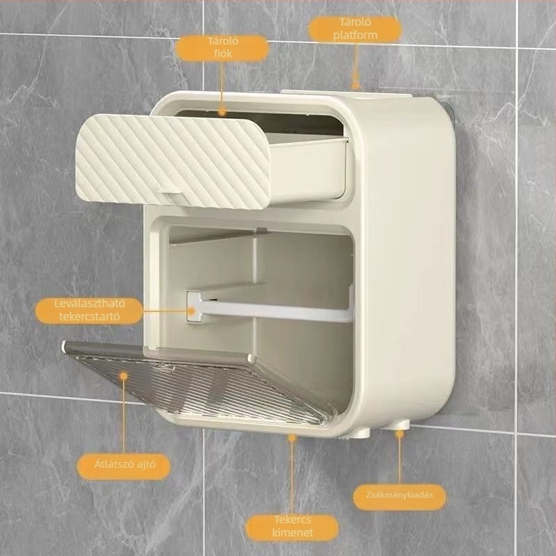 Fali vécépapír tartó doboz, műanyagból, vízálló, többfunkciós, kompatibilis a levehető papírtörlővel, modern minimál design