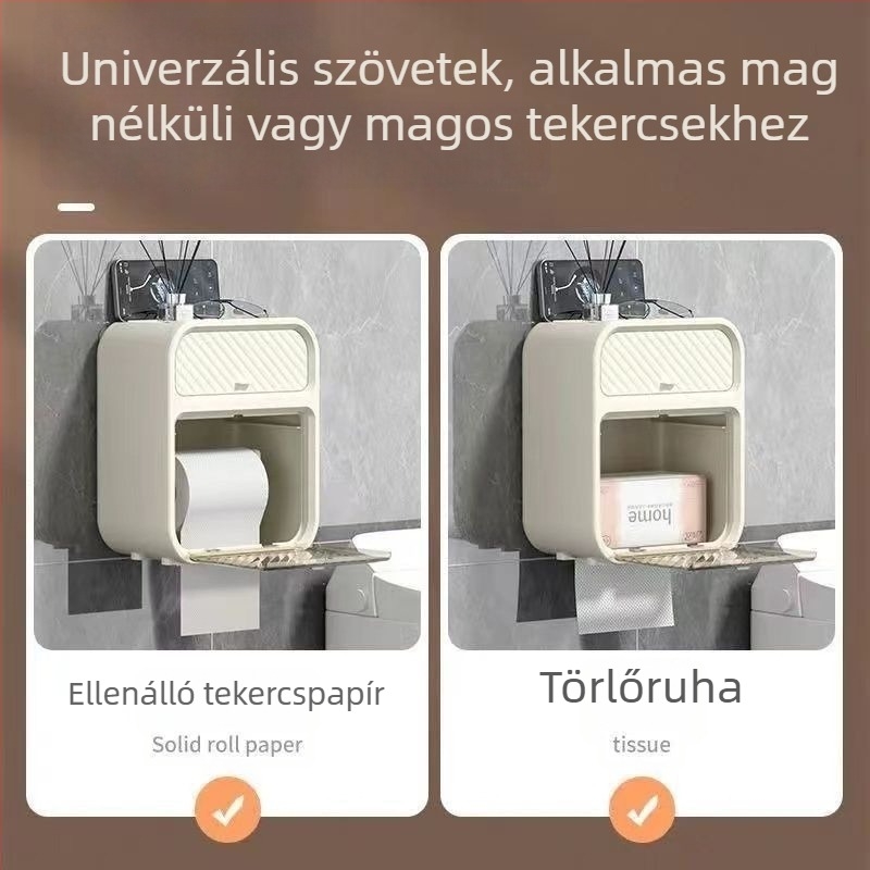 Fali vécépapír tartó doboz, műanyagból, vízálló, többfunkciós, kompatibilis a levehető papírtörlővel, modern minimál design