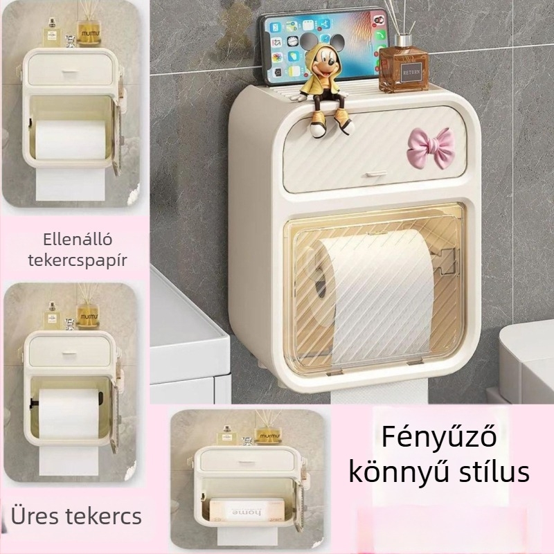 Fali vécépapír tartó doboz, műanyagból, vízálló, többfunkciós, kompatibilis a levehető papírtörlővel, modern minimál design