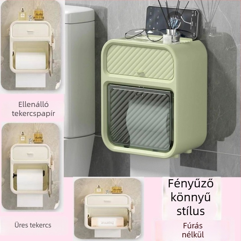 Fali vécépapír tartó doboz, műanyagból, vízálló, többfunkciós, kompatibilis a levehető papírtörlővel, modern minimál design