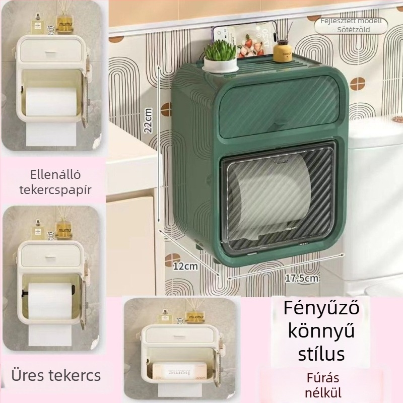 Fali vécépapír tartó doboz, műanyagból, vízálló, többfunkciós, kompatibilis a levehető papírtörlővel, modern minimál design