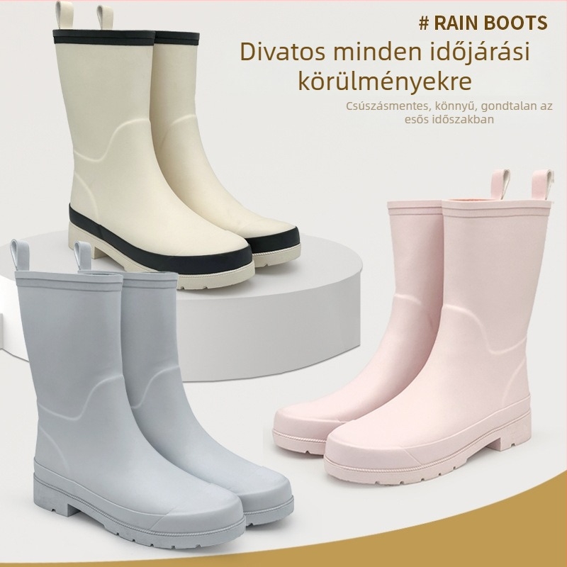 Női gumicsizmák esővédő, középmagas szárú, csúszásmentes és kopásálló, alacsony sarka 1–3 cm, mind a négy évszakra