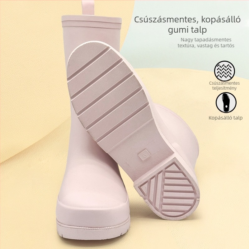 Női gumicsizmák esővédő, középmagas szárú, csúszásmentes és kopásálló, alacsony sarka 1–3 cm, mind a négy évszakra