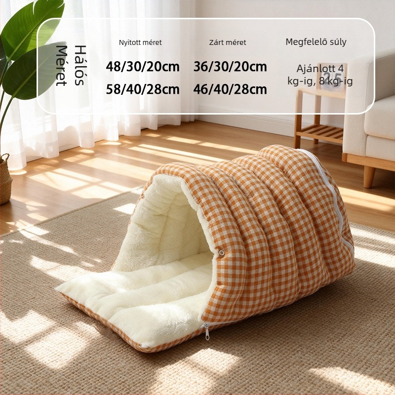 Macskafészek – zárt dizájn, téli meleg, flanel anyag, beltéri használat, kivehető és mosható