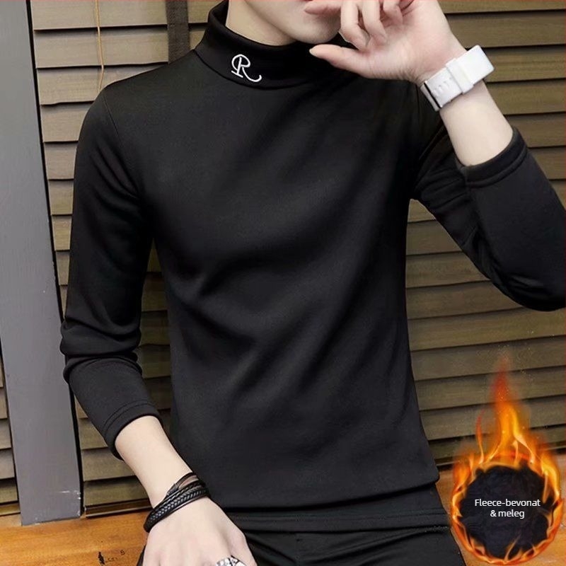 Férfi hosszú ujjú póló‑pulóver stílusú felső, magas gallér, fleece bélés, Slim fit, 3/4-es ujjak
