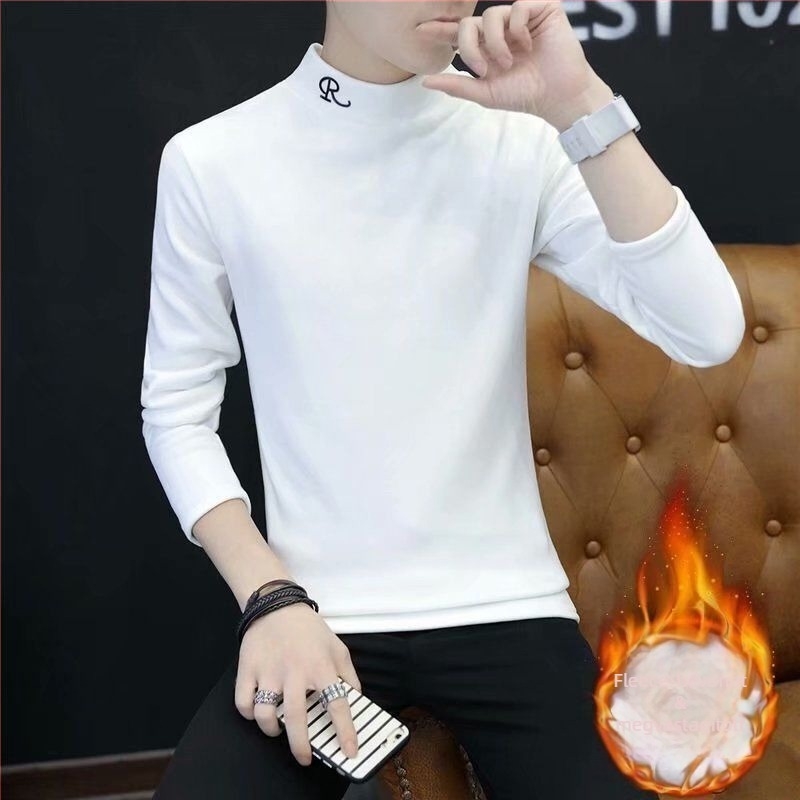 Férfi hosszú ujjú póló‑pulóver stílusú felső, magas gallér, fleece bélés, Slim fit, 3/4-es ujjak