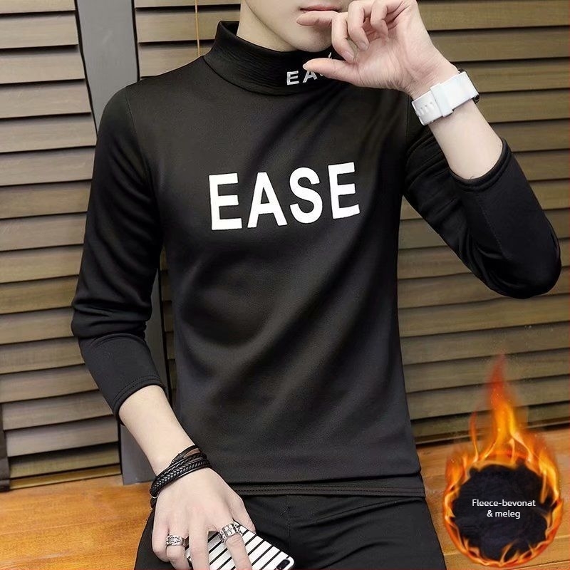Férfi hosszú ujjú póló‑pulóver stílusú felső, magas gallér, fleece bélés, Slim fit, 3/4-es ujjak