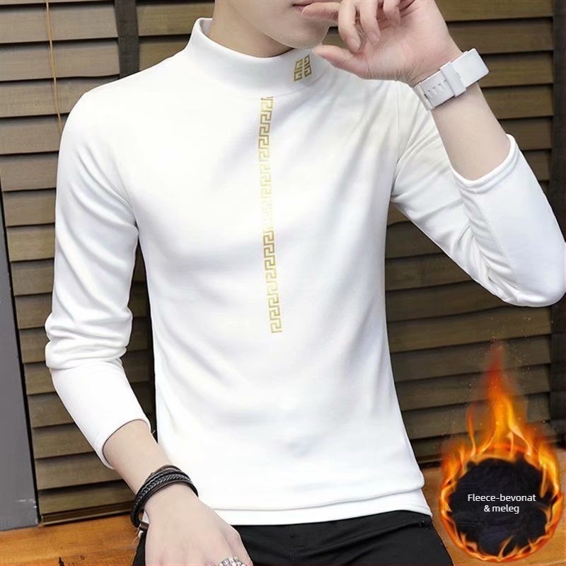 Férfi hosszú ujjú póló‑pulóver stílusú felső, magas gallér, fleece bélés, Slim fit, 3/4-es ujjak