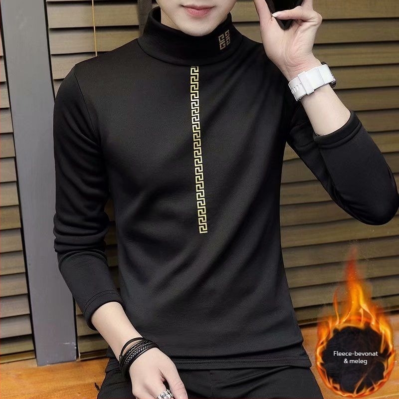 Férfi hosszú ujjú póló‑pulóver stílusú felső, magas gallér, fleece bélés, Slim fit, 3/4-es ujjak