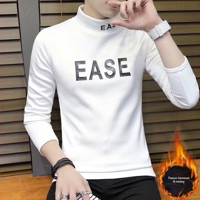 Férfi hosszú ujjú póló‑pulóver stílusú felső, magas gallér, fleece bélés, Slim fit, 3/4-es ujjak