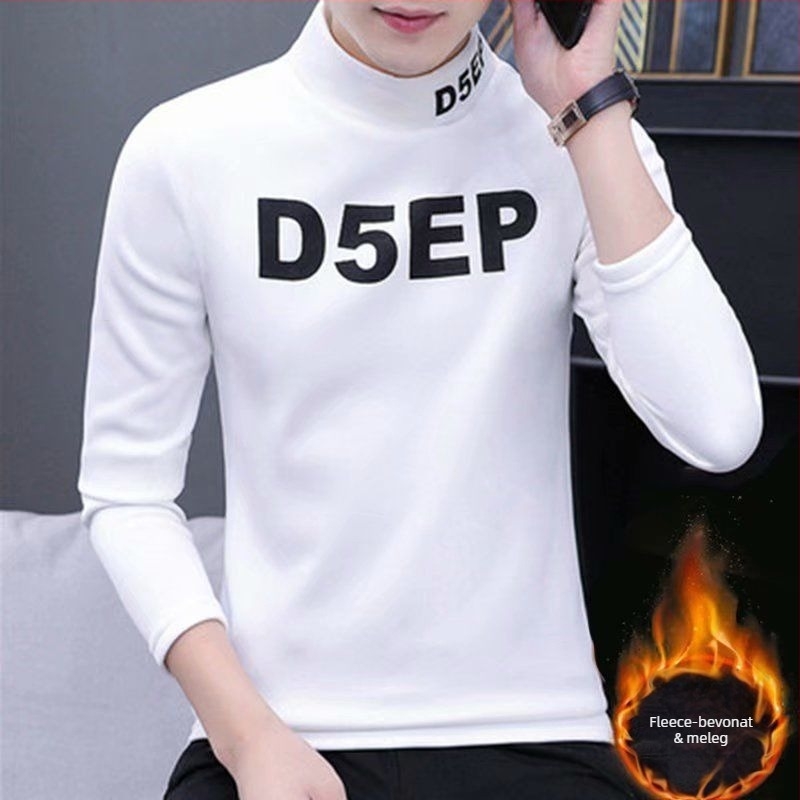 Férfi hosszú ujjú póló‑pulóver stílusú felső, magas gallér, fleece bélés, Slim fit, 3/4-es ujjak