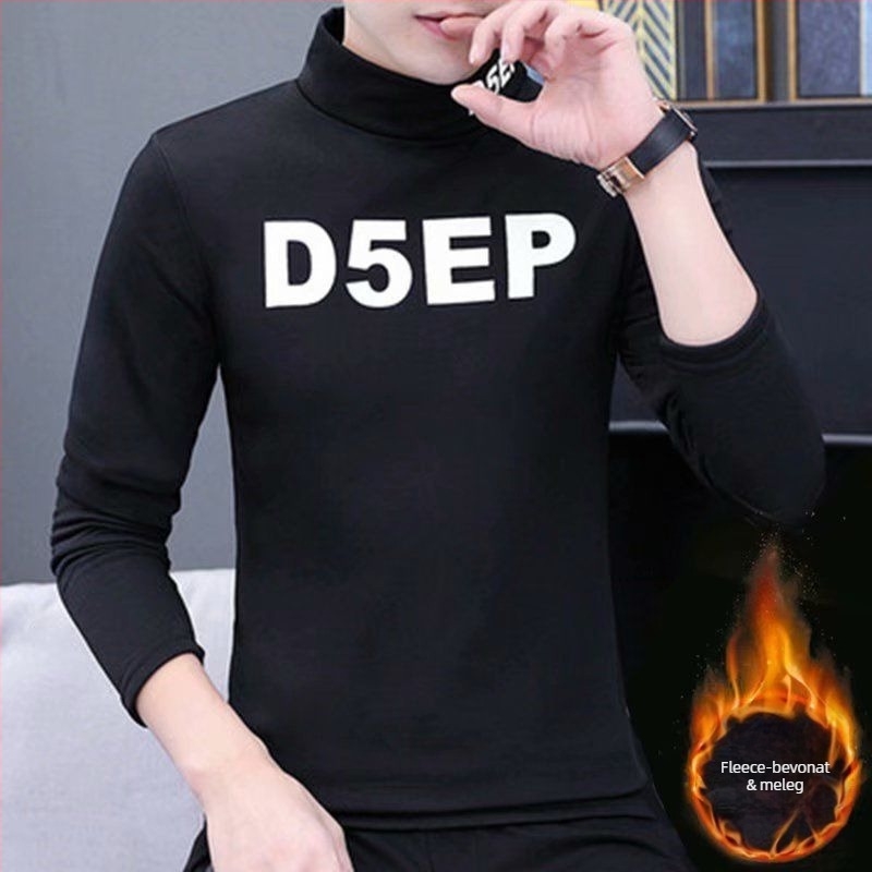 Férfi hosszú ujjú póló‑pulóver stílusú felső, magas gallér, fleece bélés, Slim fit, 3/4-es ujjak