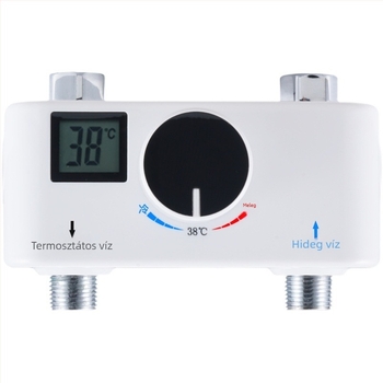Elektronikus termosztátos melegvíz-keverőcsap, meleg–hideg keverés, 38°C beállítás, galvanizált, egycsapós test