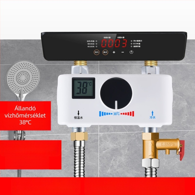 Elektronikus termosztátos melegvíz-keverőcsap, meleg–hideg keverés, 38°C beállítás, galvanizált, egycsapós test