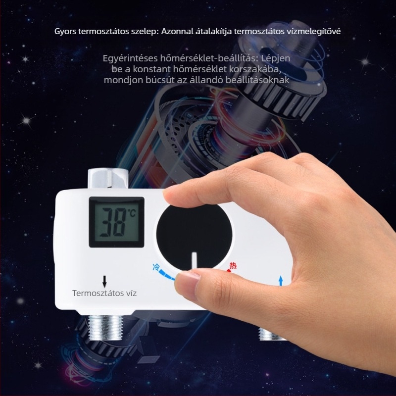 Elektronikus termosztátos melegvíz-keverőcsap, meleg–hideg keverés, 38°C beállítás, galvanizált, egycsapós test