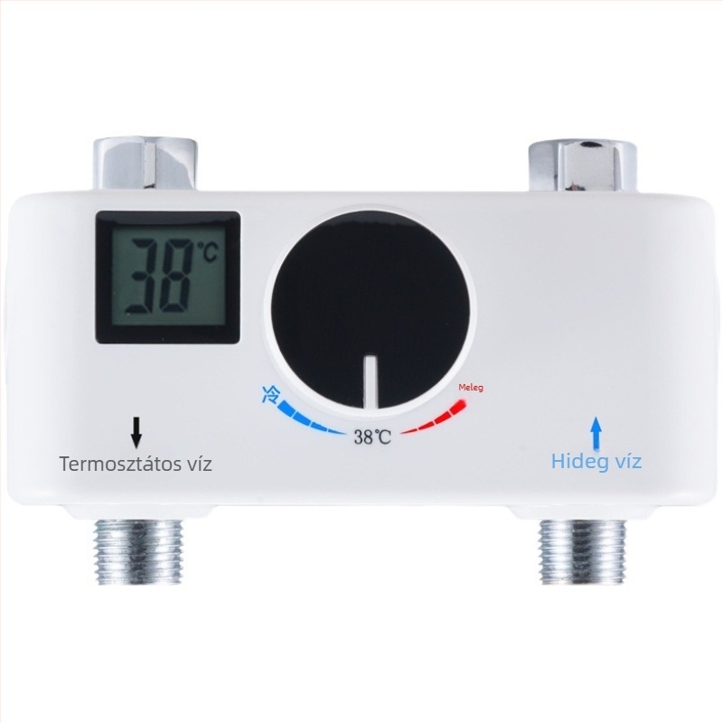 Elektronikus termosztátos melegvíz-keverőcsap, meleg–hideg keverés, 38°C beállítás, galvanizált, egycsapós test