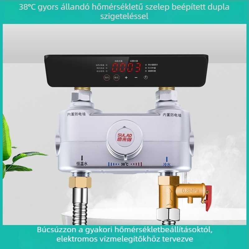 Elektronikus termosztátos melegvíz-keverőcsap, meleg–hideg keverés, 38°C beállítás, galvanizált, egycsapós test