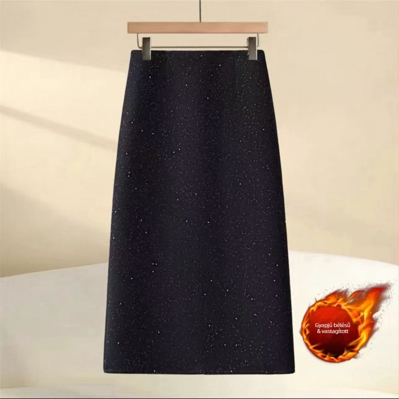 Fekete flitteres gyapjú midi szoknya nőknek, 2025 ősz-téli szezon, csípőhöz simuló egyenes szabású, A-vonalú fazon, kód A8360