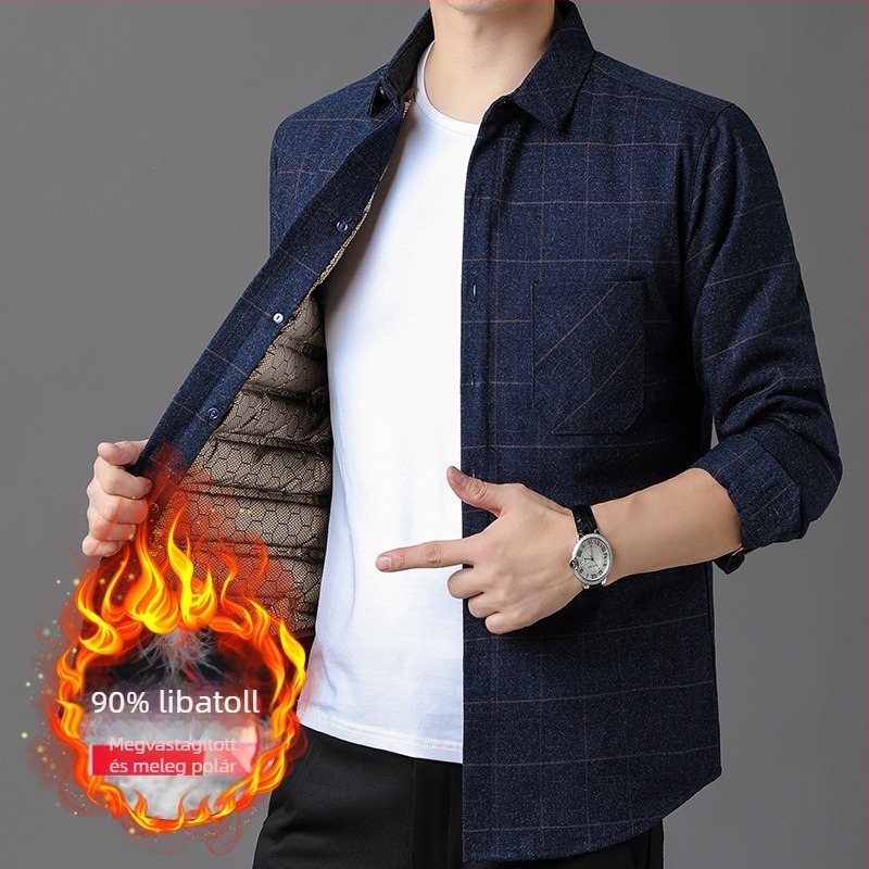 Férfi libapelyhes ing, kockás béléses fleece-sel, téli meleg