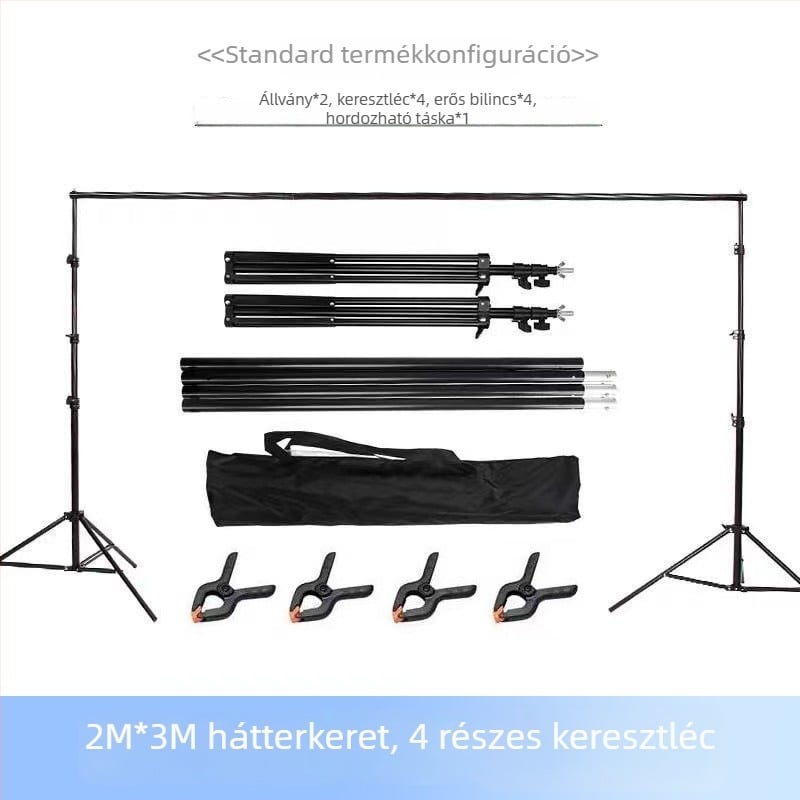 Fényképező hátteretartó állvány vastag keresztgerendával, állítható magasság 2,8 m-ig, hátteret fel lehet akasztani, zöld