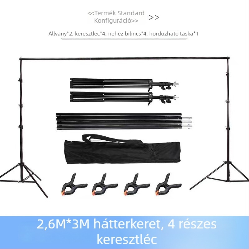 Fényképező hátteretartó állvány vastag keresztgerendával, állítható magasság 2,8 m-ig, hátteret fel lehet akasztani, zöld