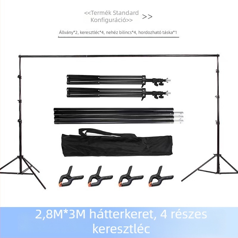 Fényképező hátteretartó állvány vastag keresztgerendával, állítható magasság 2,8 m-ig, hátteret fel lehet akasztani, zöld