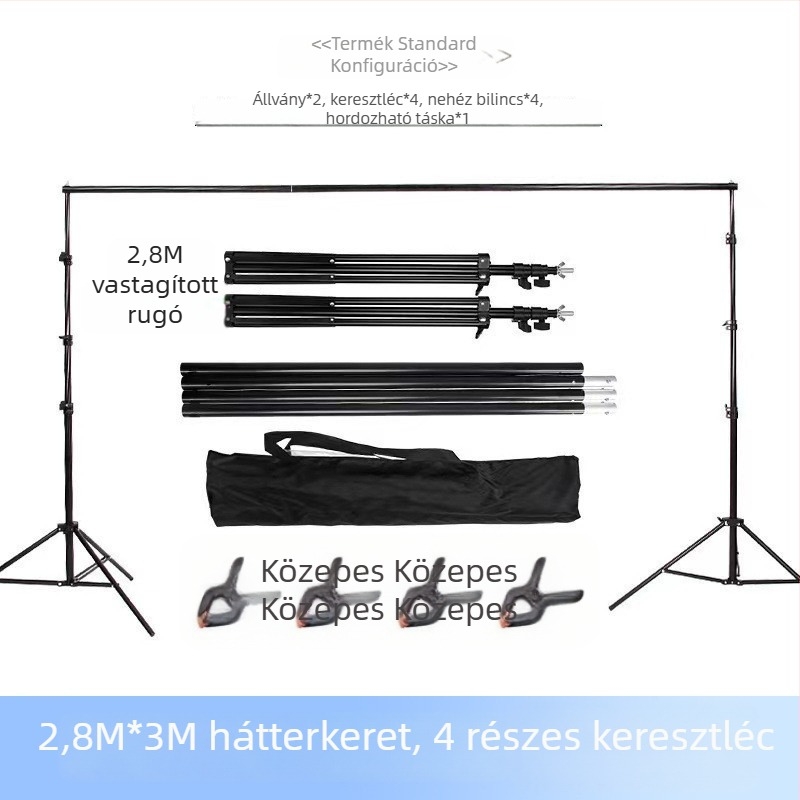 Fényképező hátteretartó állvány vastag keresztgerendával, állítható magasság 2,8 m-ig, hátteret fel lehet akasztani, zöld