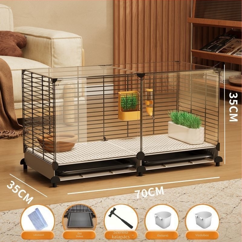 Fából készült nyúlketrec, belső átlátszó villa-stílusú kialakítás, automatikus ürülék-tisztítás