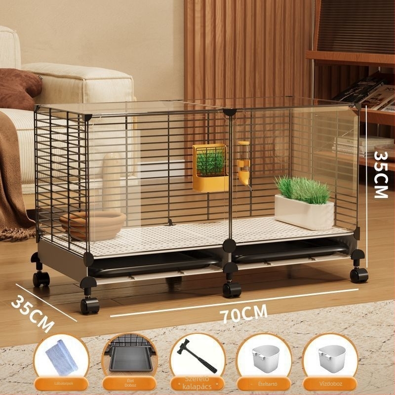 Fából készült nyúlketrec, belső átlátszó villa-stílusú kialakítás, automatikus ürülék-tisztítás