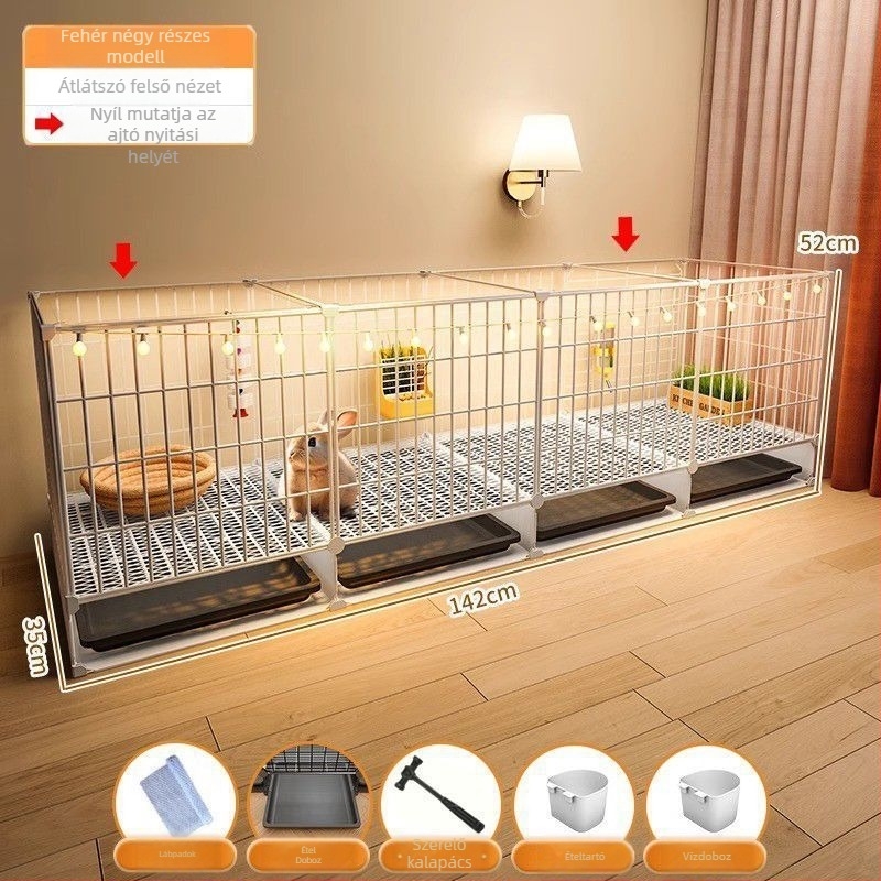 Fából készült nyúlketrec, belső átlátszó villa-stílusú kialakítás, automatikus ürülék-tisztítás