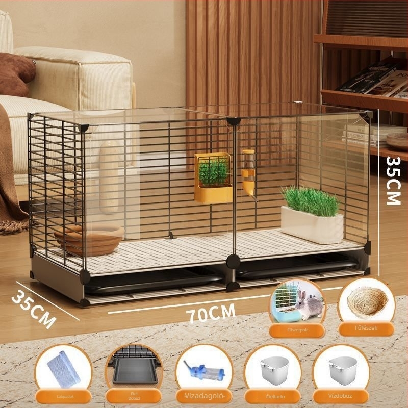 Fából készült nyúlketrec, belső átlátszó villa-stílusú kialakítás, automatikus ürülék-tisztítás