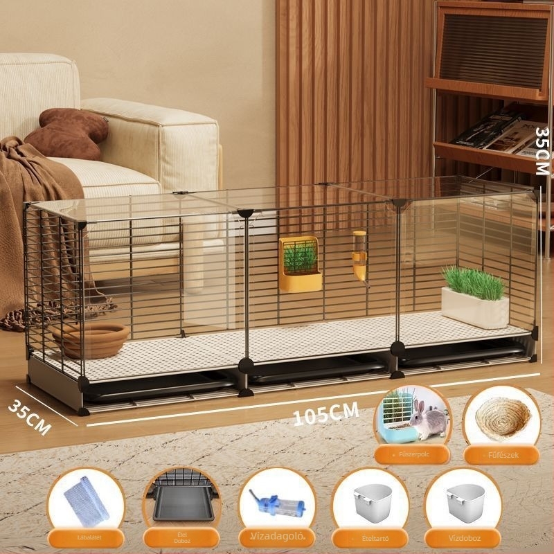 Fából készült nyúlketrec, belső átlátszó villa-stílusú kialakítás, automatikus ürülék-tisztítás