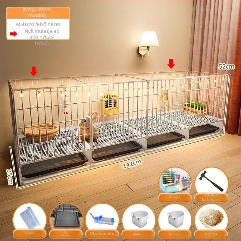 Fából készült nyúlketrec, belső átlátszó villa-stílusú kialakítás, automatikus ürülék-tisztítás