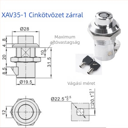 XAV35/XAV36 ajtózár, cilinderes nyelv forgó mechanizmus, rozsdamentes acél, tömeg 90 g, ipari szekrényekhez