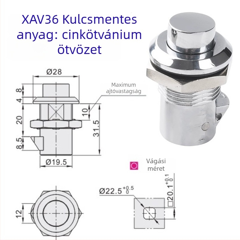 XAV35/XAV36 ajtózár, cilinderes nyelv forgó mechanizmus, rozsdamentes acél, tömeg 90 g, ipari szekrényekhez