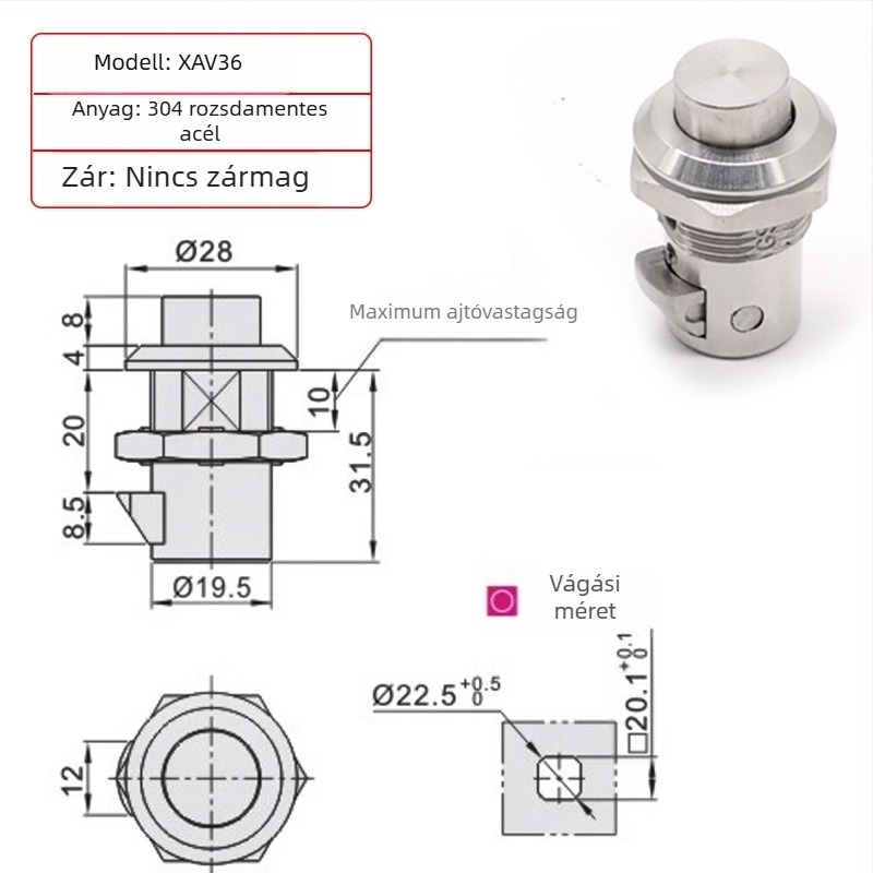 XAV35/XAV36 ajtózár, cilinderes nyelv forgó mechanizmus, rozsdamentes acél, tömeg 90 g, ipari szekrényekhez