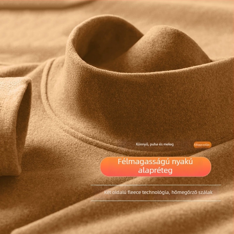 Férfi hosszú ujjú póló fleece belsővel és magas gallérral, téli alapvető szabás, slim-fit