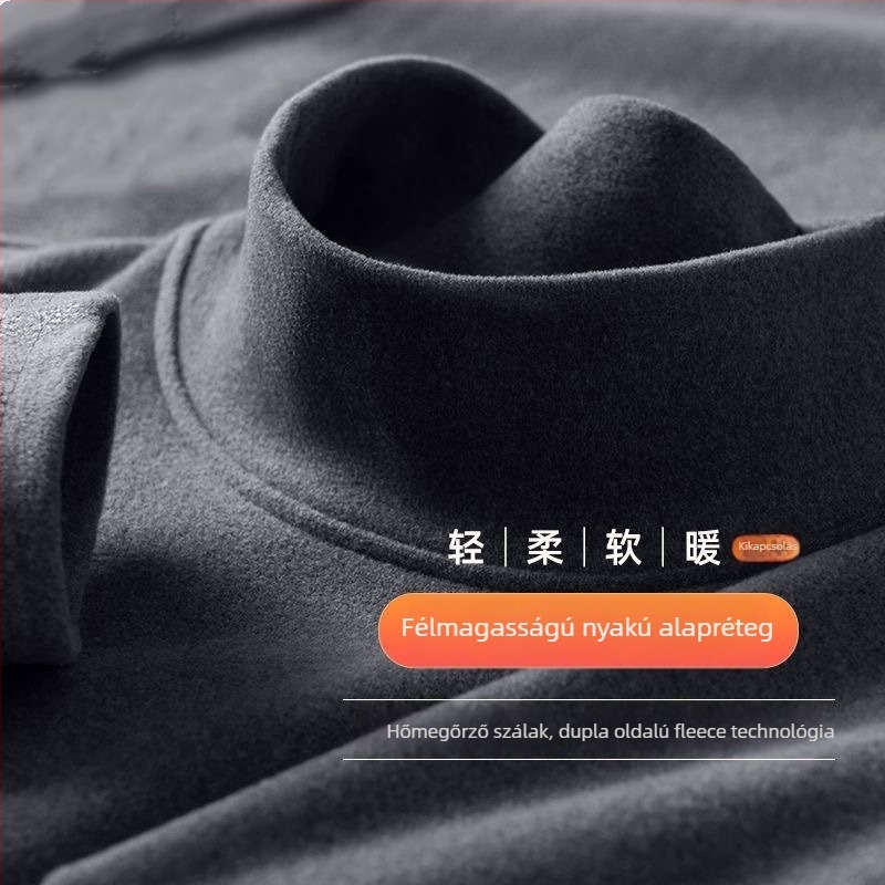 Férfi hosszú ujjú póló fleece belsővel és magas gallérral, téli alapvető szabás, slim-fit