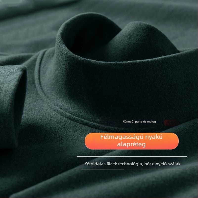 Férfi hosszú ujjú póló fleece belsővel és magas gallérral, téli alapvető szabás, slim-fit