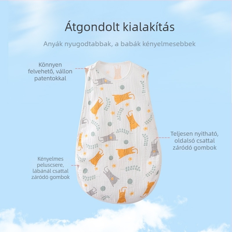 Nyári mellény-stílusú baba alvózsák, 95% pamut anyag, bélés és töltet pamut, ujj nélküli, mesefigurás mintázat